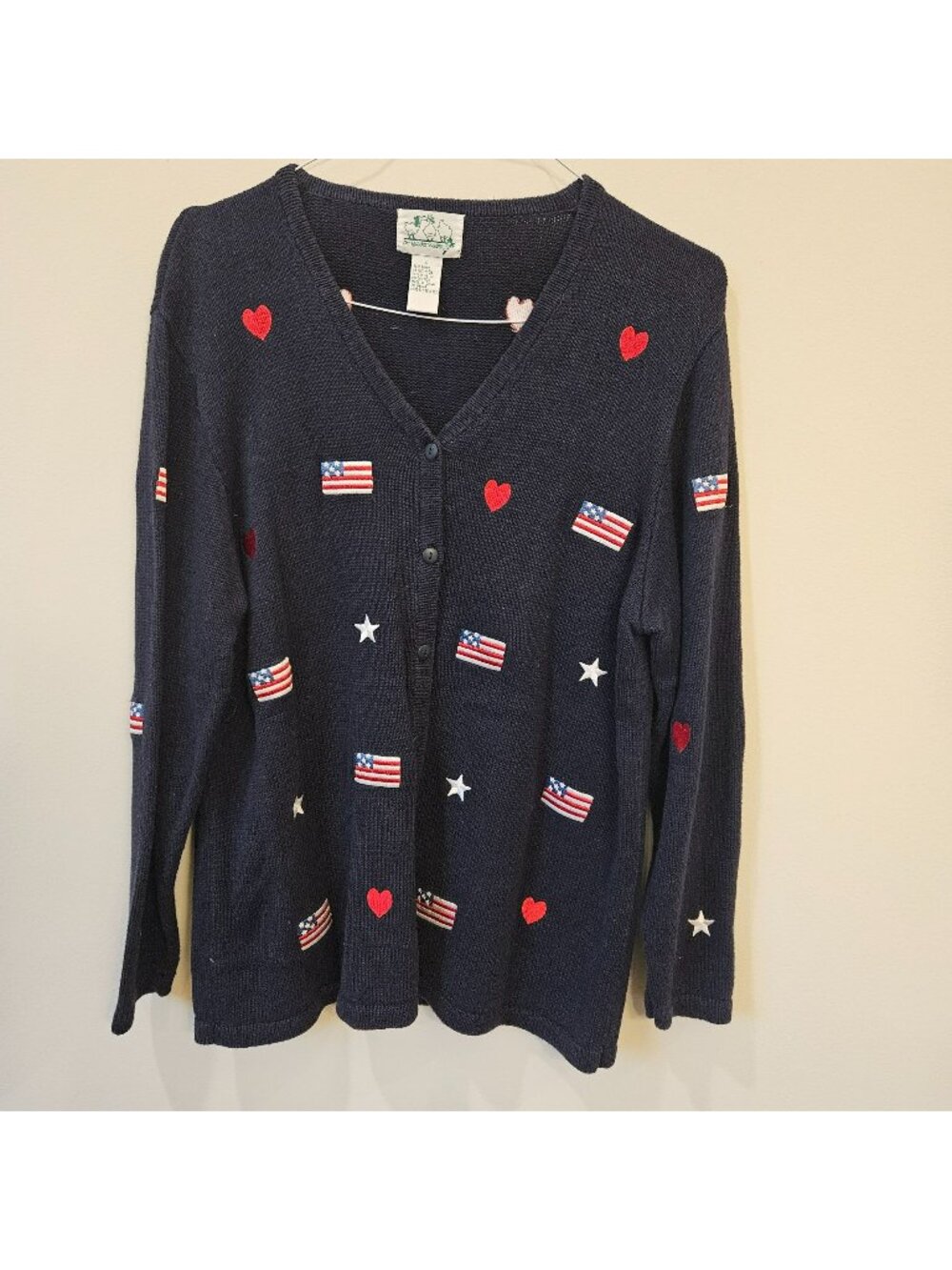 The Quacker Factory Patriotic Womens Sweater American Flags & Hearts size Large